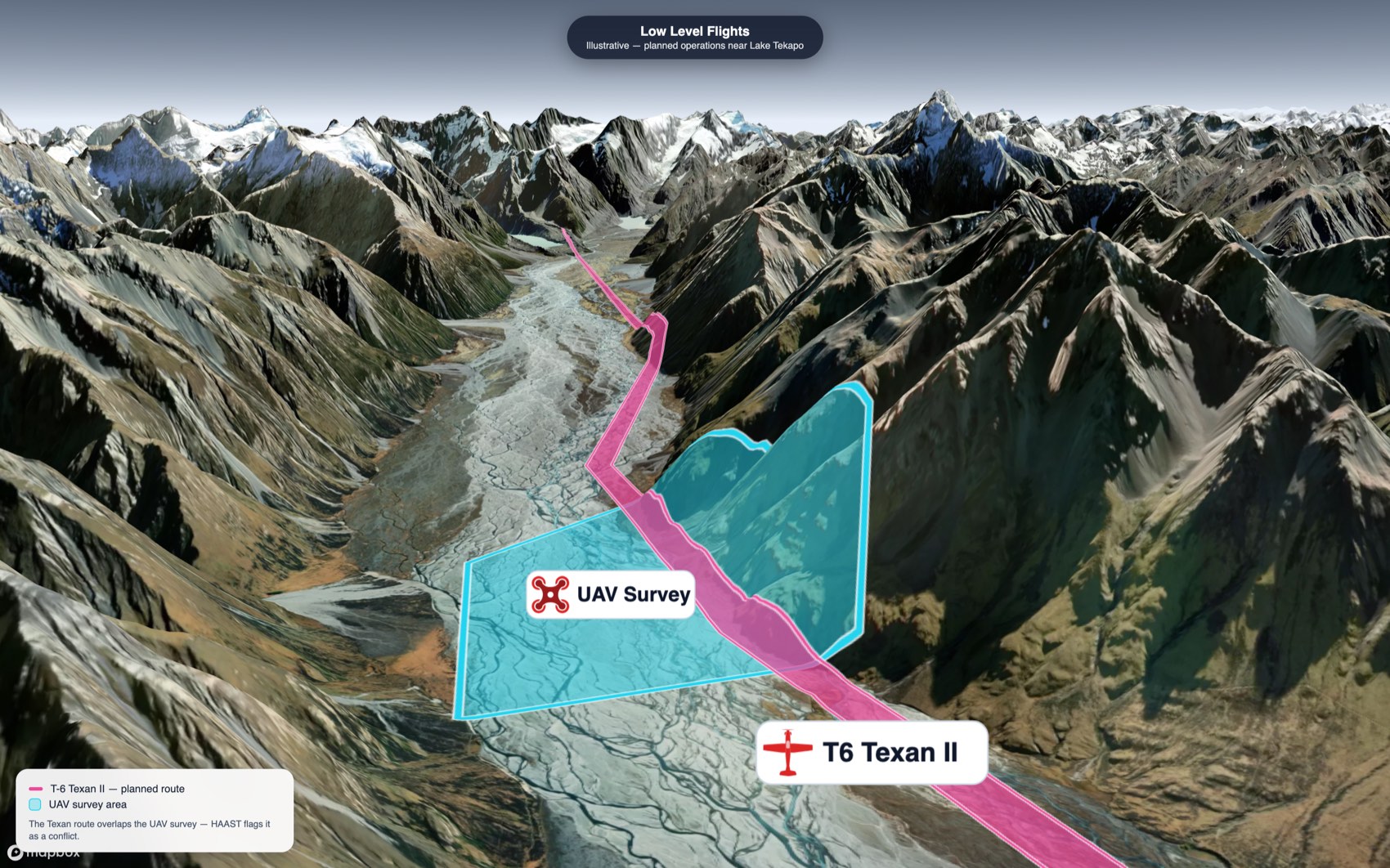 HAAST 3-D satellite map near Lake Tekapo: a T-6 Texan II route overlapping a UAV survey area, flagged as a conflict