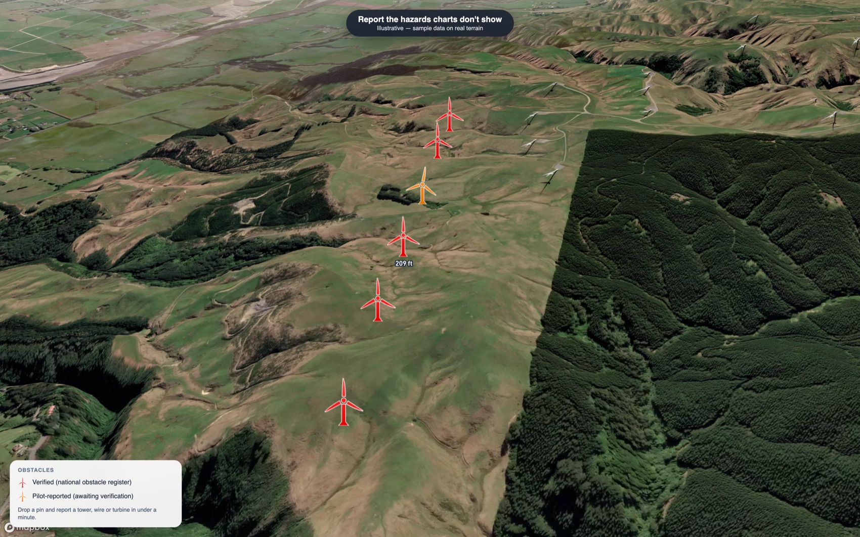 HAAST 3-D map showing reported low-level obstacles with verified and pilot-reported markers